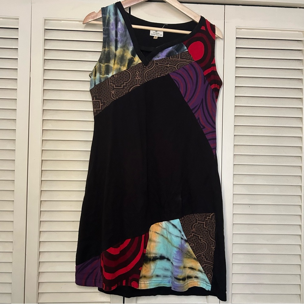 Black Patchwork V-Neck Mini Dress with Multi-Color Panels